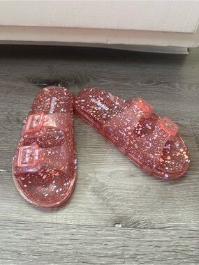 Mini Melissa Coral Pink Glitter Jelly Slide Sandals with Buckles